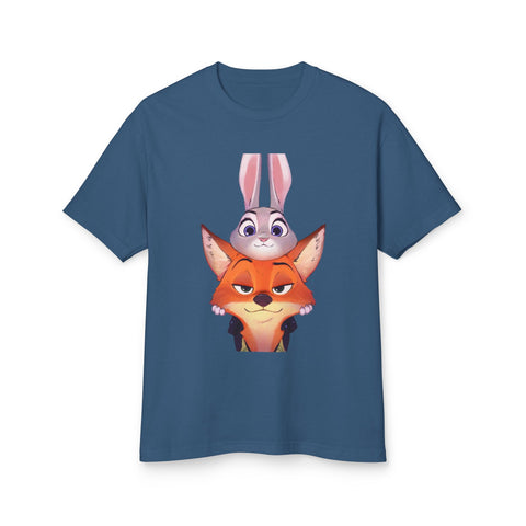 Cartoon Fox & Bunny Unisex Tee - Playful Graphic Cotton Shirt