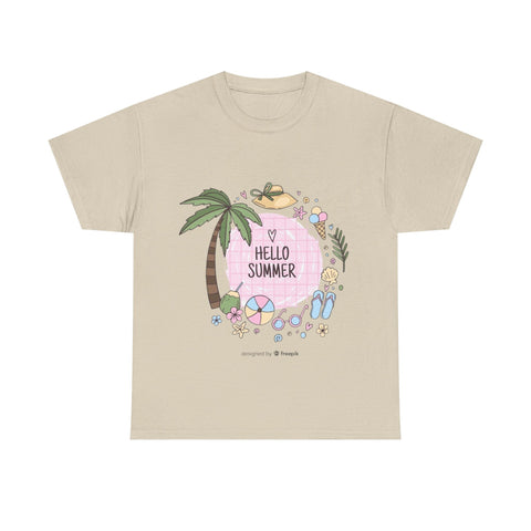 Hello Summer Unisex Heavy Cotton Tee, Summer Vibes T-Shirt, Beach Day Shirt, Vacation Apparel, Tropical Graphic Tee