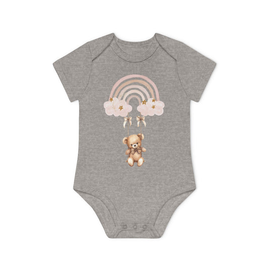 Cute Organic Baby Bodysuit with Rainbow and Teddy Bear Design