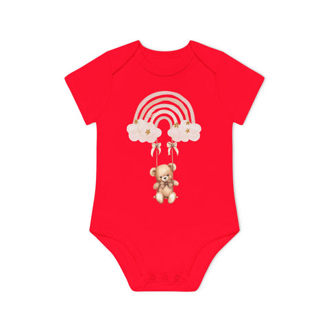 Cute Organic Baby Bodysuit with Rainbow and Teddy Bear Design