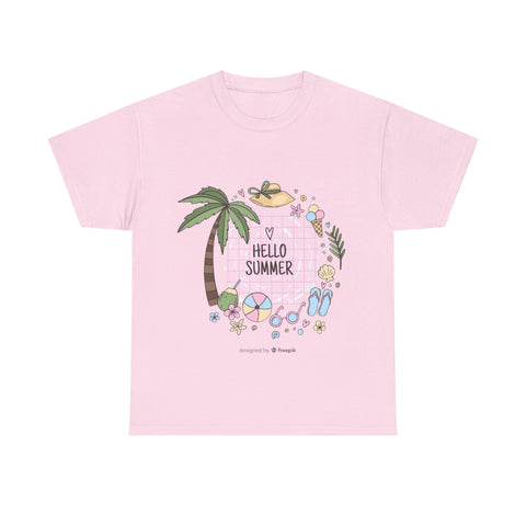 Hello Summer Unisex Heavy Cotton Tee, Summer Vibes T-Shirt, Beach Day Shirt, Vacation Apparel, Tropical Graphic Tee