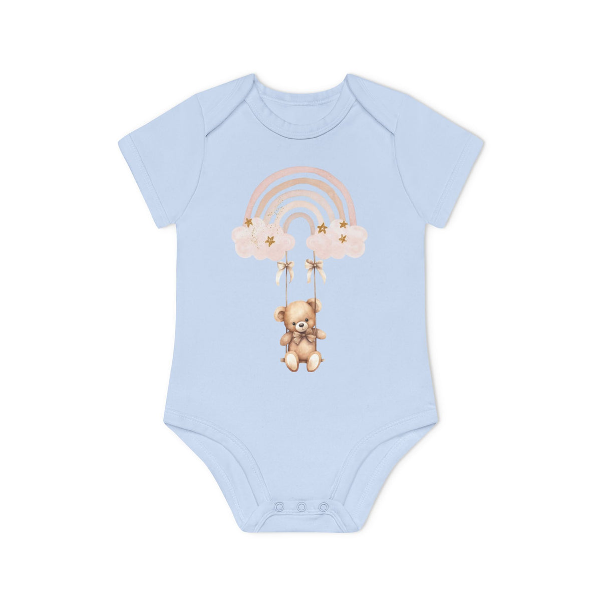 Cute Organic Baby Bodysuit with Rainbow and Teddy Bear Design