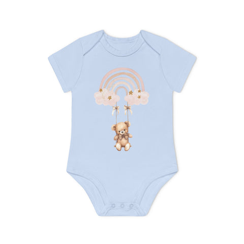 Cute Organic Baby Bodysuit with Rainbow and Teddy Bear Design