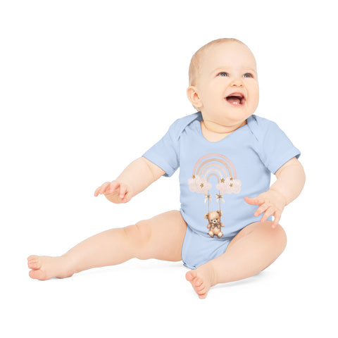 Cute Organic Baby Bodysuit with Rainbow and Teddy Bear Design