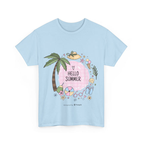 Hello Summer Unisex Heavy Cotton Tee, Summer Vibes T-Shirt, Beach Day Shirt, Vacation Apparel, Tropical Graphic Tee
