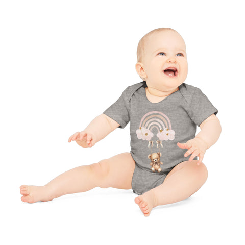 Cute Organic Baby Bodysuit with Rainbow and Teddy Bear Design