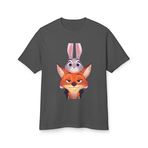 Cartoon Fox & Bunny Unisex Tee - Playful Graphic Cotton Shirt