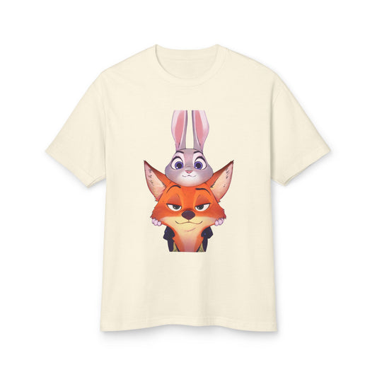 Cartoon Fox & Bunny Unisex Tee - Playful Graphic Cotton Shirt