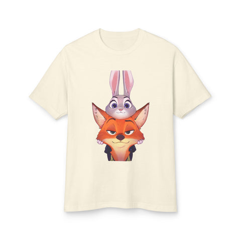 Cartoon Fox & Bunny Unisex Tee - Playful Graphic Cotton Shirt