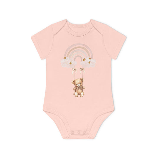 Cute Organic Baby Bodysuit with Rainbow and Teddy Bear Design
