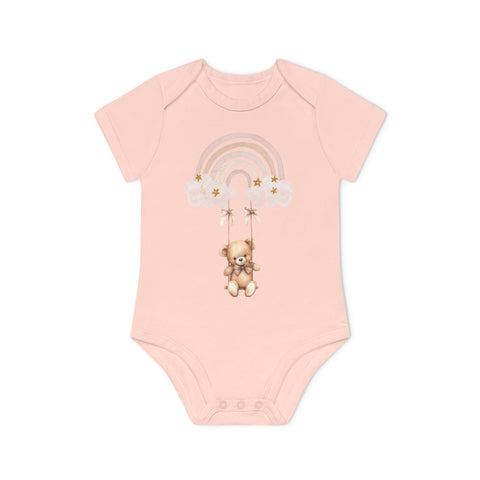 Cute Organic Baby Bodysuit with Rainbow and Teddy Bear Design
