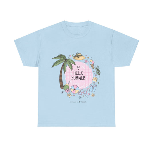 Hello Summer Unisex Heavy Cotton Tee, Summer Vibes T-Shirt, Beach Day Shirt, Vacation Apparel, Tropical Graphic Tee