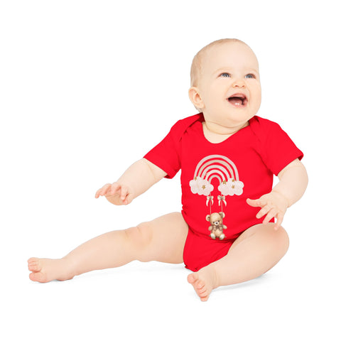 Cute Organic Baby Bodysuit with Rainbow and Teddy Bear Design