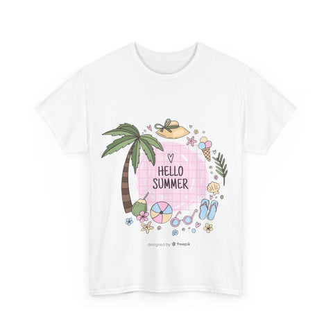 Hello Summer Unisex Heavy Cotton Tee, Summer Vibes T-Shirt, Beach Day Shirt, Vacation Apparel, Tropical Graphic Tee