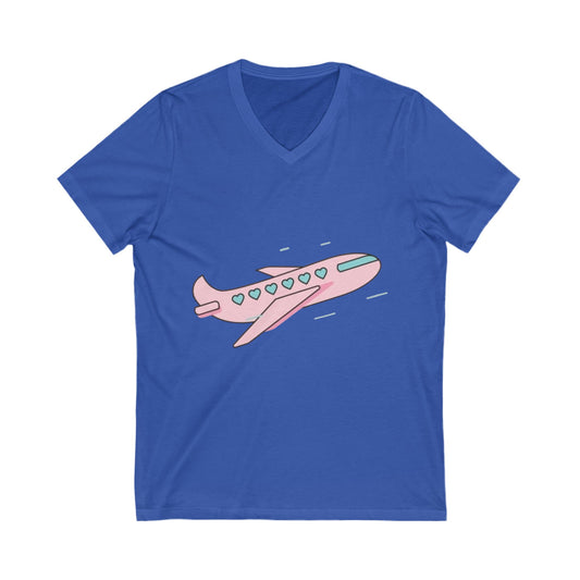 Cute Airplane V-Neck Tee for Travel Lovers, Unisex Travel Shirt, Adventure Outfit, Gift for Frequent Flyers, Jetsetter Apparel