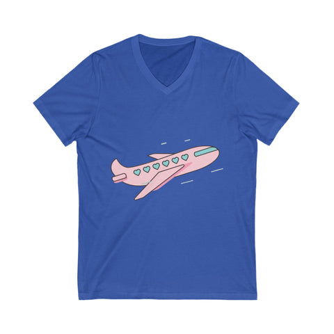 Cute Airplane V-Neck Tee for Travel Lovers, Unisex Travel Shirt, Adventure Outfit, Gift for Frequent Flyers, Jetsetter Apparel