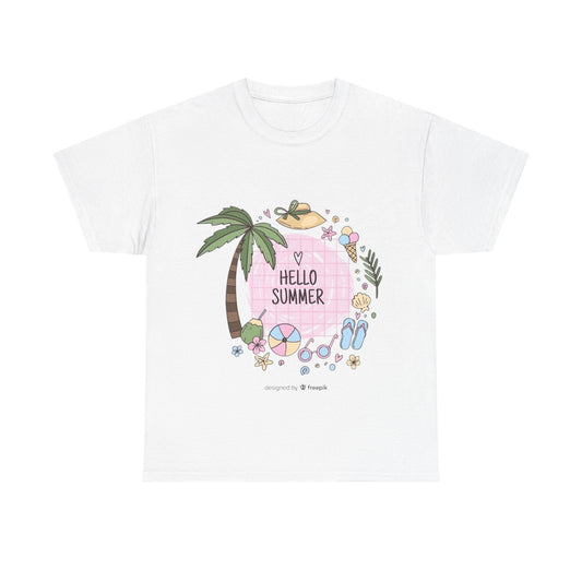 Hello Summer Unisex Heavy Cotton Tee, Summer Vibes T-Shirt, Beach Day Shirt, Vacation Apparel, Tropical Graphic Tee