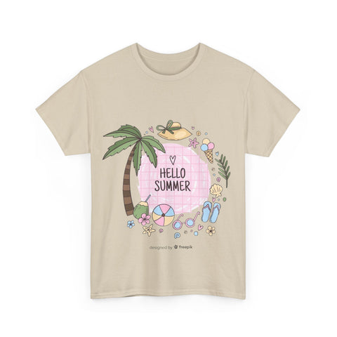 Hello Summer Unisex Heavy Cotton Tee, Summer Vibes T-Shirt, Beach Day Shirt, Vacation Apparel, Tropical Graphic Tee
